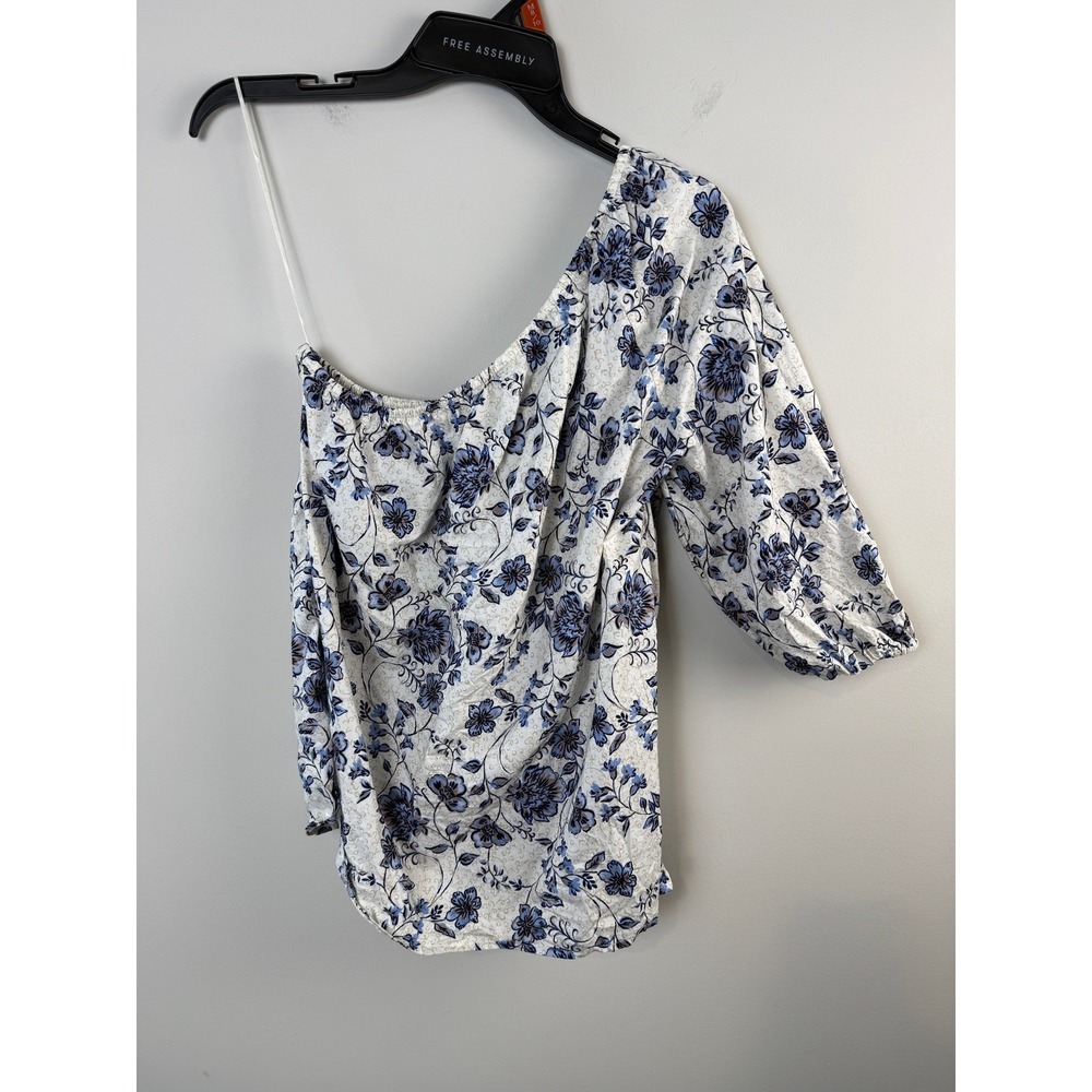 J. Jill One Shoulder Blouse Womens XS White Blue Floral Print Boho Asymmetrical